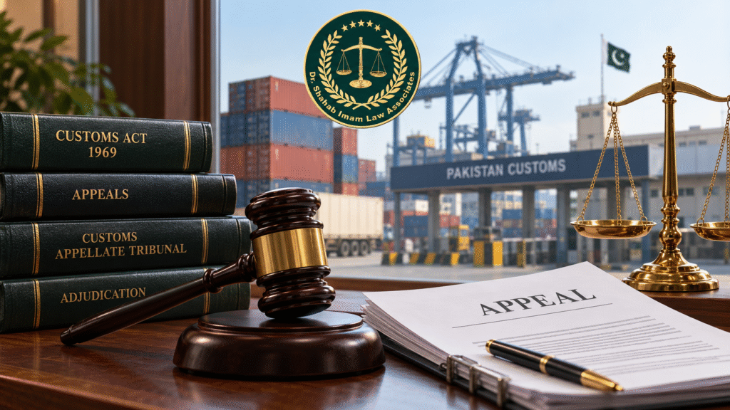 Legal-themed blog image showing appeal documents, a gavel, law books, justice scales, and a Pakistan Customs port background with the Dr. Shahab Imam Law Associates logo, representing customs appeals in Pakistan.