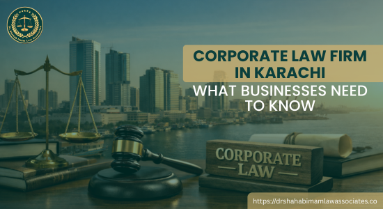 Corporate law concept with legal symbols overlooking Karachi business district