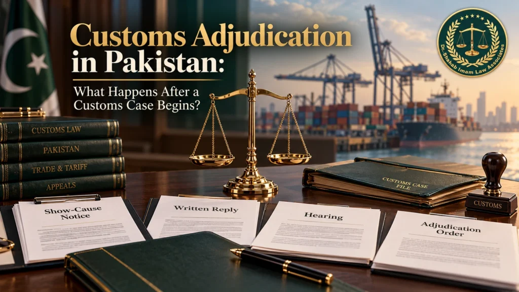 Customs adjudication in Pakistan showing a legal desk with a show-cause notice, written reply, hearing documents, and the Dr. Shahab Imam Law Associates logo.